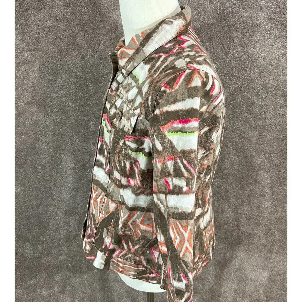 Chicos Jacket Womens 2 Large‎ 14 Brown Orange Pink Button Up 3/4 Sleeve Canvas